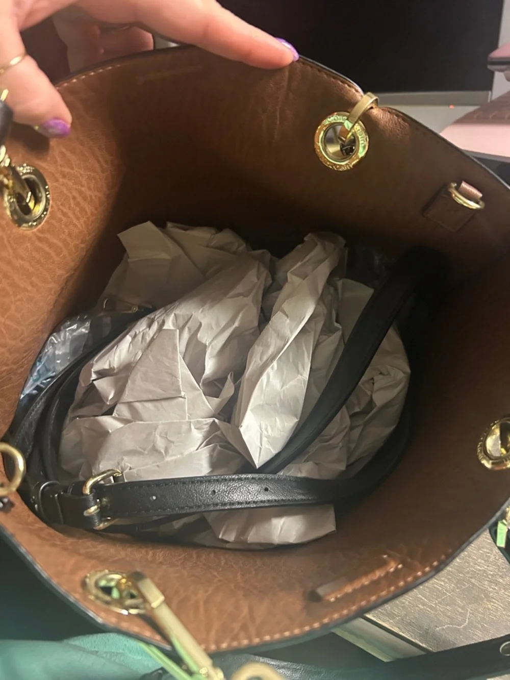 Calvin Klein Sonoma Reversible Tote Black / Brown‎ Leather w Long Strap